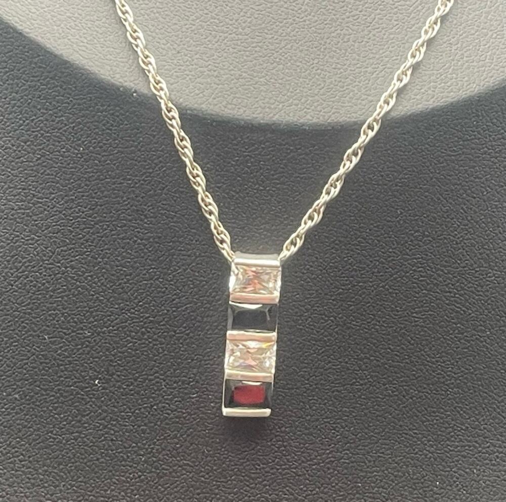 925 Silver Black Clear CZ Charm .78" Pendant Necklace 19" Sterling Rope Chain